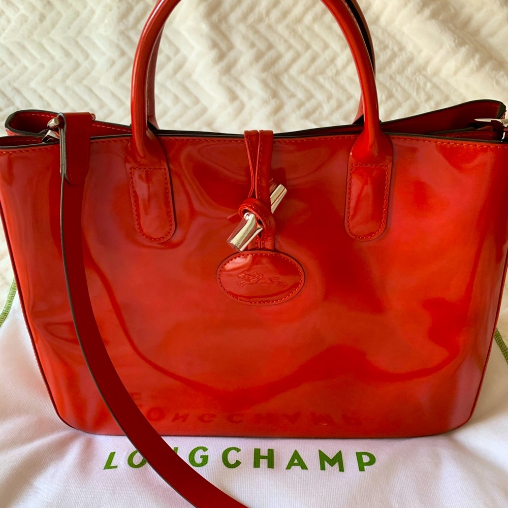 Longchamp Roseau Patent Leather Tote Bag Bamboo